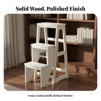 Foldable Design 3 Step Folding Ladder Solid Wood Construction Folding Step Stool Multi-Functional Convertible Ladder Chair Sturdy & Long-Lasting for Homeowners, Seniors, Librarians, Living Room, Kitchen, Office, Closet