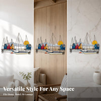 Layered Design Blue Sailboat Wall Sculpture Multicolor Beach Theme Coastal Wall Art for Hospitality Areas