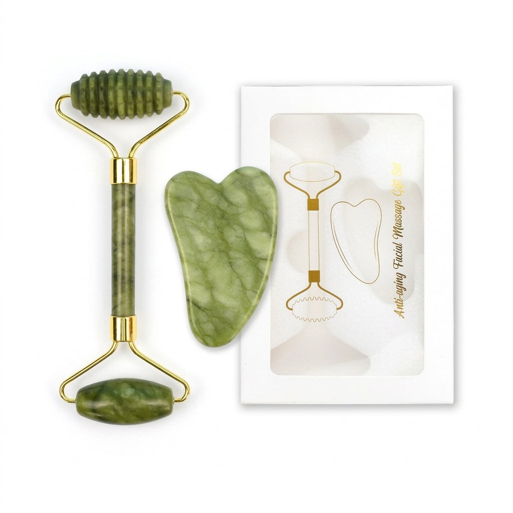 green stone Facial Massage Set with two Head Roller, Zinc Alloy Body Sculpting Tool, Guasha Beauty treatment for Neck