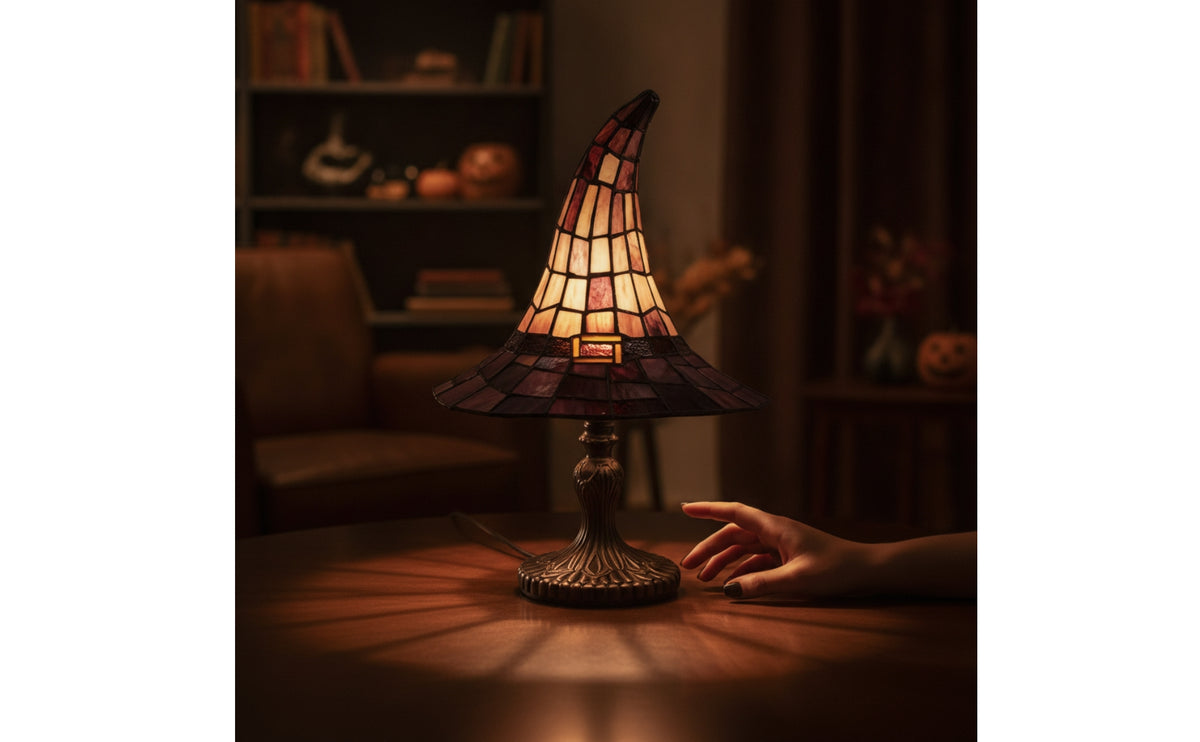 Stained Glass Style Witch Hat Lamp Ambient Witch Hat Table Lamp Warm for Goth Decor Enthusiasts, Bedside Tables