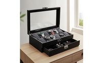 Carbon-Fiber-Pattern Double-Layer Watch Box Scratch-Resistant Watch Organizer with Drawer Dustproof Jewelry Organizer with Glass Lid Padded for Collectors, Dresser, Vanity, Retail Shelf