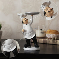 Hand-Painted Chef Figurine Resin Figurine with Tray Compact Chef Statue Collectible for Kitchen, Countertop