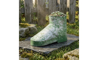 Weathered Shoe Planter Distressed Finish Boot Planter Mottled Green and Gray Vintage Flower Pot Iron