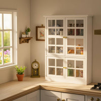 White Finish Dollhouse Kitchen Cupboard Detailed Design Mini Display Cabinet Wood Material Miniature Showcase Cabinet Wooden