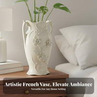 Ceramic Vase Elegant Design French Design Vase Hand Glazed White Handmade Flower Holder for Living Room, Entryway Console