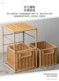 Kens手工仿藤编桌面抽屉式整理柜分格置物架卧室口红化妆品收纳盒 浅咖色大号二层【三抽屉】