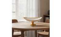 Ceramic Bowl with Pedestal Base Gold-Accented Foot Bowl with Scalloped Rim Decorative Round for Tabletop, Dining Table