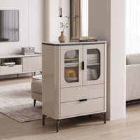 Side Cabinet with Glass Doors Modern Cabinet with Glass Doors Compact Credenza with Drawer for Living Room, Small Areas