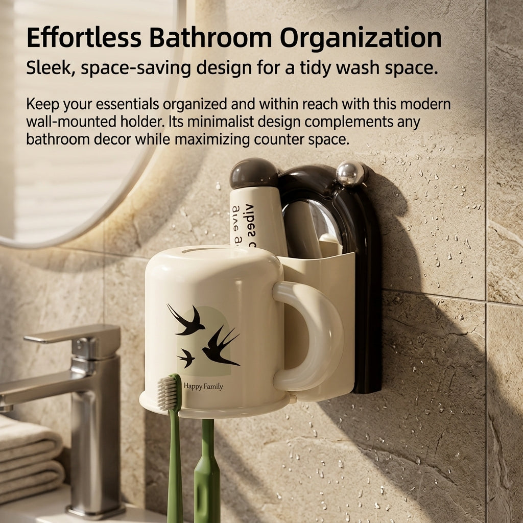 Wall Mounted Toothbrush and Cup Organizer, Suction Holder with Mouthwash Storage for Adults, Wash Set