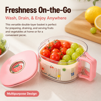 Double Layer Fruit Draining Basket, Portable Vegetable Washing Bowl with Lid, Kitchen Strainer for Washing Storing Serving Salad, Food-Grade Material