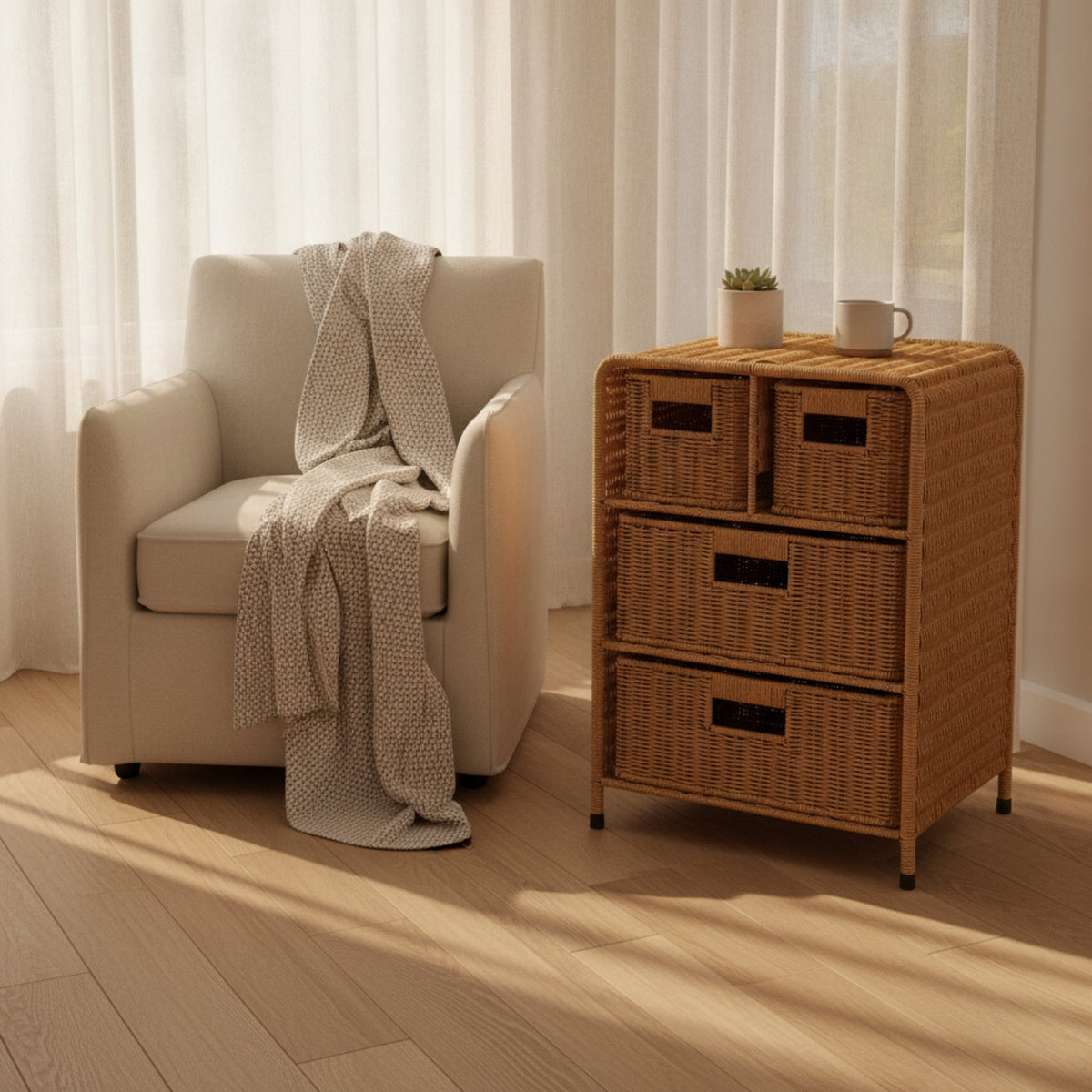 Woven Bedside Cabinet Compact Storage Cabinet with Drawers Multifunctional Braided Storage Chest for Living Room