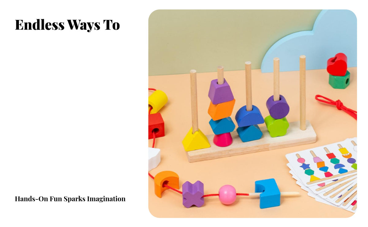 Solid Wood Construction 5 Post Stacking Game Improves Fine Movement Skills Wooden Geometric Stacker Hand-Eye Coordination for Preschoolers