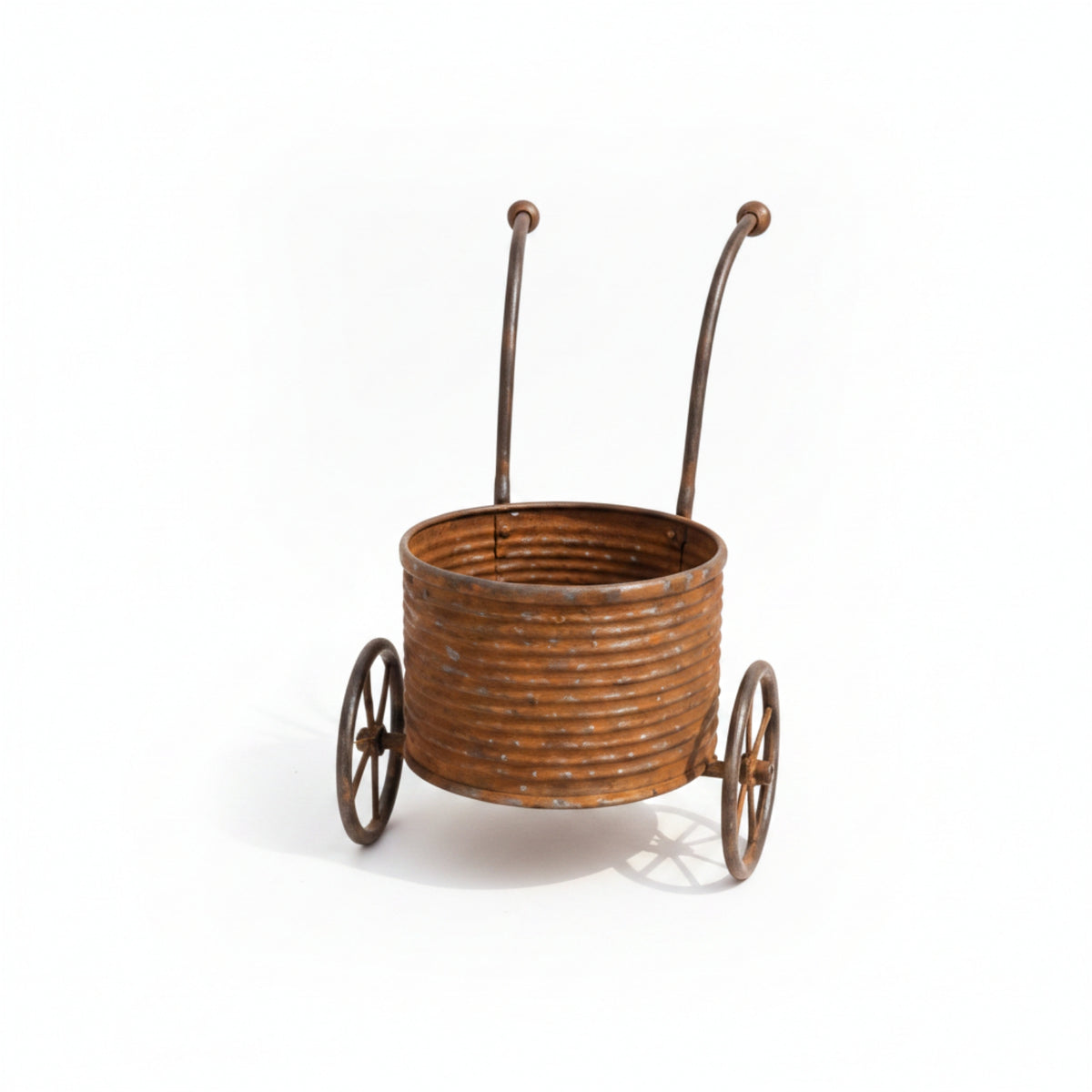 Weathered Finish Metal Wheelbarrow Planter Rust-Brown Wheelbarrow Planter Ribbed Metal Flower Pot Cottagecore Style for Display