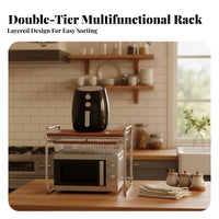 Space Saving Microwave Oven Rack Carbon Steel Frame 2-Tier Kitchen Counter Shelf Vintage Design 2 Tier Appliance Rack Easy to Assemble for Home Cooks, Apartment Dwellers, Homeowners, Small Areas, Pantry, Office, Dining Room
