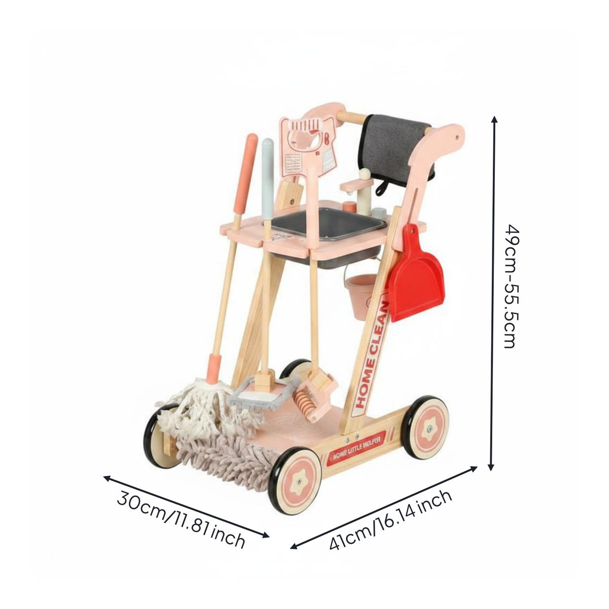 Educational Wooden Pretend Housekeeping Trolley Good Hygiene Habits Wooden Cleaning Trolley Toy Multifunction for Girls, Playroom, Home
