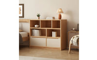Low Bookshelf with Cubbies Wood Grain Bookcase with Doors Floor-Standing Low Bookcase for Bedroom, Reading Corner