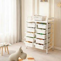 Toy Storage Rack with Bins Mobile Toy Storage Cart with Wheels Pull-out Shelf Unit with Bins for Kids, Young Children, Playroom, Nursery