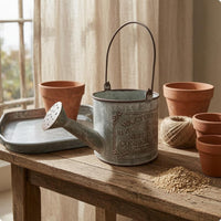 Distressed Green Watering Can Planter Matte Finish Vintage Metal Planter Frosted Look Vintage Watering Can Embossed Lettering