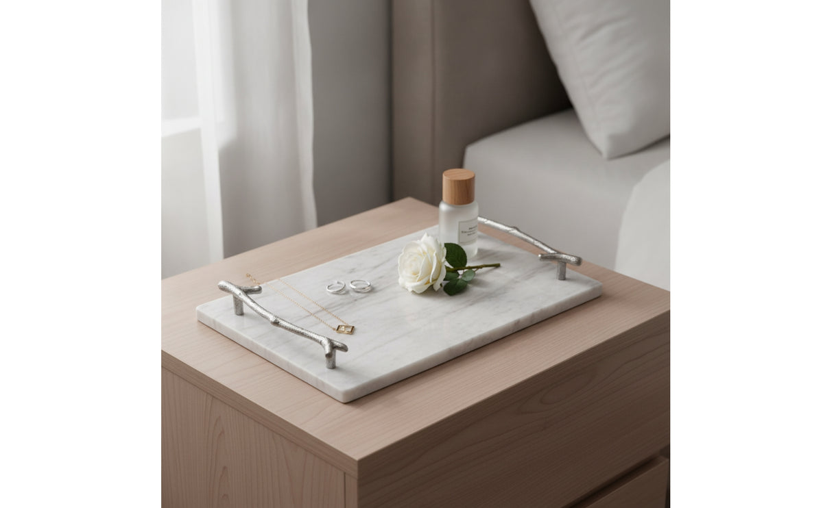 Marble Tray with Handles Stone-Look Marble Pattern Tray Rectangular for Washroom, Dresser