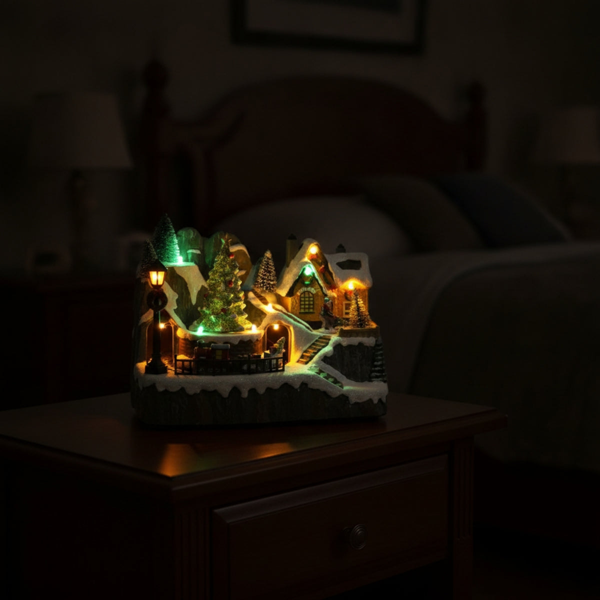 Festive Town Scene House with Illuminated Trainup Festive Town Scene with Train Indoor Figurine for Collectors