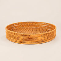 Exposed-topTop Round Rattan Tray Shallow Rattan Basket Low Rim Round Tray Basket Brown Finish