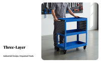 360° Swivel Casters 3-Tier Tool Cart Strong Load-Bearing 3-Tier Rolling Tool Cart Mobile Storage for Warehouse Workers, Technicians, DIY Enthusiasts, Auto Repair Shop, Workshop, Garage