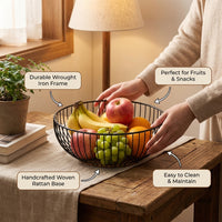 Fruit Bowl with Woven Design for Dining Table and Kitchen Storage, Metal Frame Basket for Vegetables and Snacks, Decorative Pantry