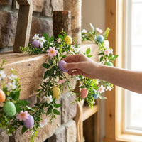Easter Egg and Flower Garland Easy to Hang Artificial Easter Rattan Pastel Colors Artificial Egg Garland for DIY Crafters, Families, Wall, Home, Party
