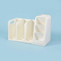 Desktop Organizer with Pen Holder, Expandable Book Stand for Office Desk, Adjustable Bookends with Storage Compartments, Cream White