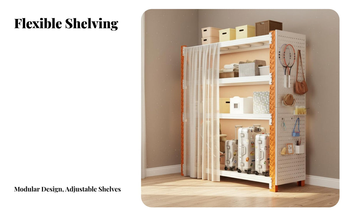 Multi-Layer Storage Rack Heavy-Duty Steel Utility Shelf with Dust Curtain Versatile Multi-Tier Rack for Closet, Pantry, Basement