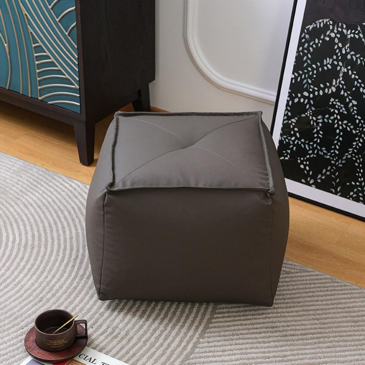Soft Leather-Like Surface Upholstered Footrest Cube Multi-Functional Square Beanbag Stool Comfortable Pouf Ottoman Modern Design for Closedice Workers, Homeowners, Living Room, Entryway, By the Sofa, Playroom