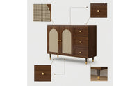 Storage Cabinet with Rattan Doors Wood-Grain Rattan Sideboard Wooden Floor Cabinet with Legs for Renters, Dining Room, Entryway, Kitchen