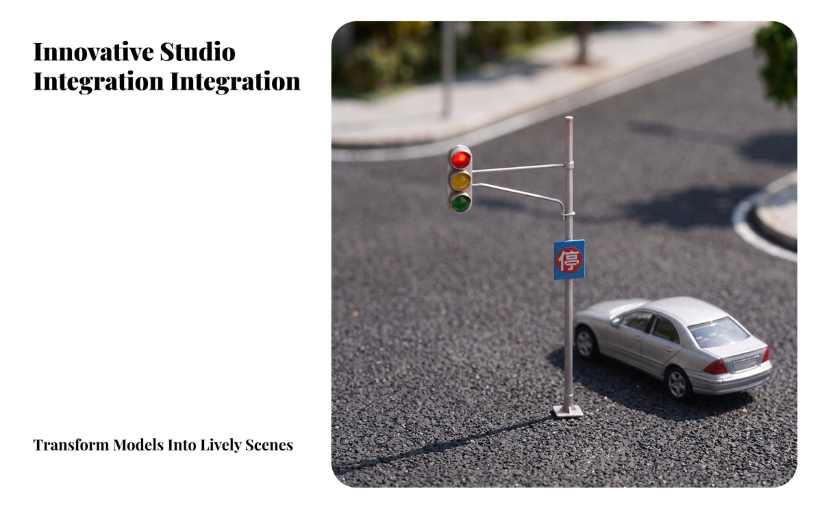 Model Traffic Lamp with Attached Sign | Detailed Hand-Painted Finish Resin Construction, Miniature Traffic Light, for Dioramas