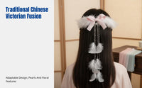 Feather Hair Clip, Traditional Chinese Victorian Headpiece, Long Ribbon, Handmade Sweet Hair Accessory
