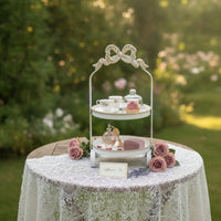 Decorative Two-Tier Tray Rack Vintage Round Tray Rack with Bow Top Versatile Dessert Display Stand Multi Layer for Countertop