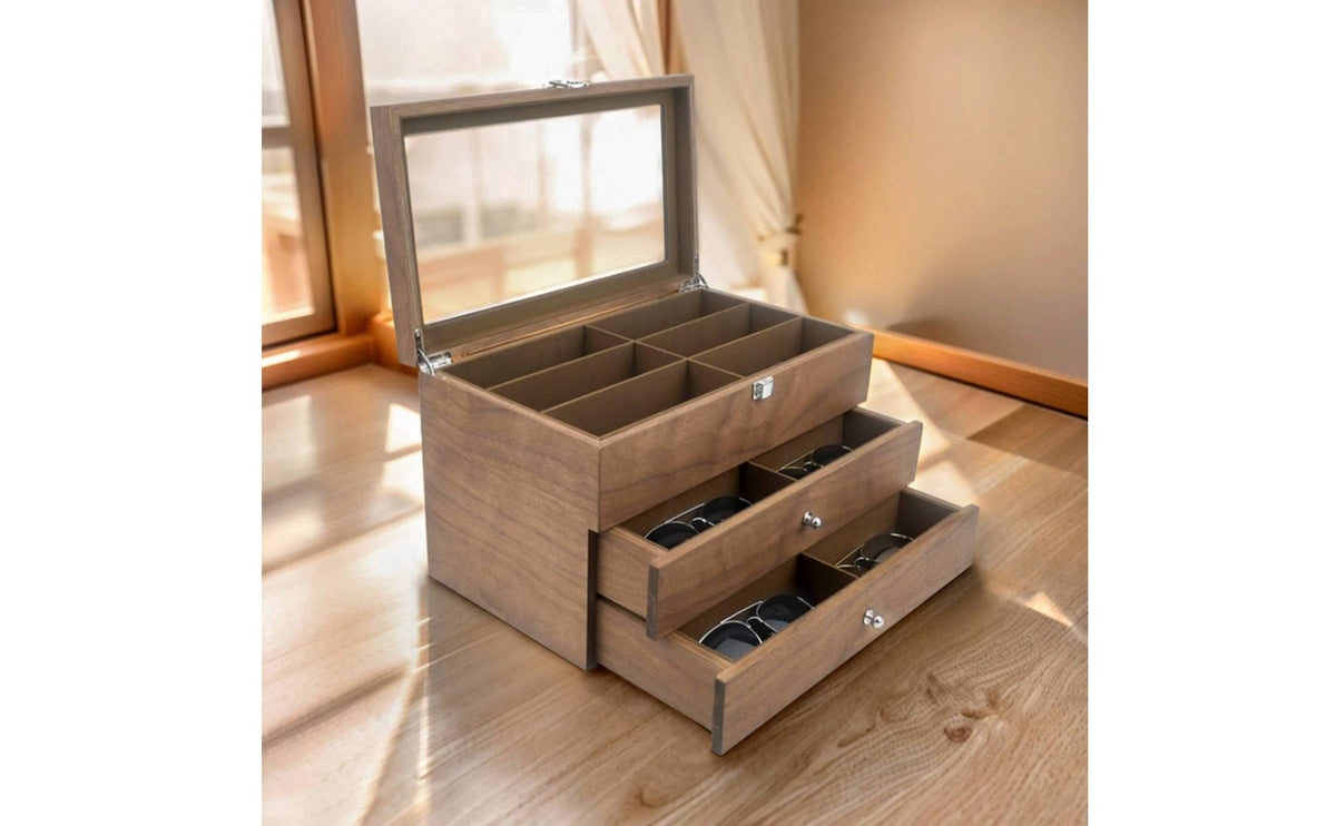 Sunglasses Display Organizer Vintage Design Watch and Sunglasses Organizer Wooden Watch Box Debris-Shielded for Dressing Table