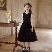 Lined Inside Black Sequin Princess Dress Easy to Clean Girl's Tulle Performance Gown Sleeveless Sequin Bodice Dress for Students, Recital, Party, Wedding