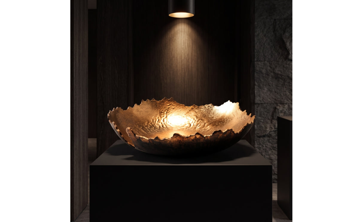 Serving Tray with Hammered Finish Gold Decorative Tray Aluminum Centerpiece Bowl for Tabletop, Dining Table, Console