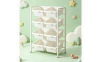 Toy Storage Rack with Bins Child 4-Tier Toy Organizer with Casters Portable Rolling Bin Organizer for Kids, Young Children, Playroom, Children's Room