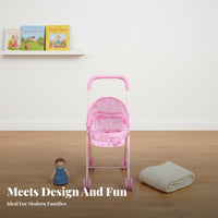 Toy Pushchair With Canopy Infant Toy Carriage Metal Frame Kids Doll Pushchair for Girls, Young Children