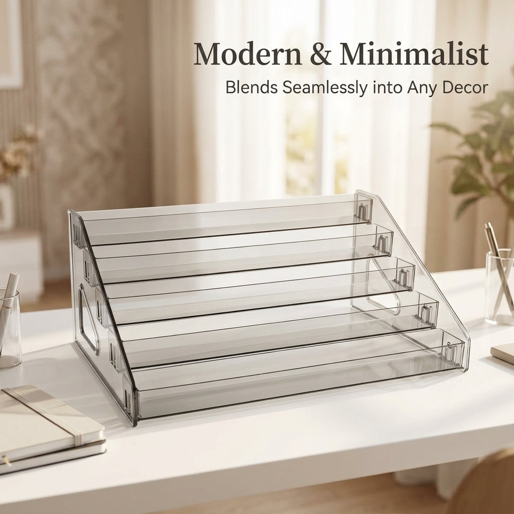 Tiered Display Shelf Desktop Organizer, 5 Clear Riser for Makeup Vanity, Cosmetics Storage Stand, Acrylic for Collectibles