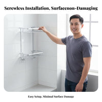 No-Drill Installation Adhesive Shower Basket Waterproof 2-Tier Corner Shelf Rustproof Bathroom Accessory Space-Saving for Renters, Homeowners, Students, Restroom, Dorm Room, Kitchen