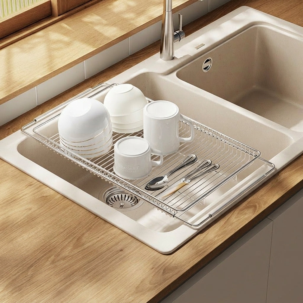 Extendable Drainer Dish Rack and Telescopic Sink Basket, Stainless Steel Sink Drainer, Space Saving Kitchen Counter Over Sink Dish Rack
