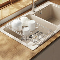 Extendable Drainer Dish Rack and Telescopic Sink Basket, Stainless Steel Sink Drainer, Space Saving Kitchen Counter Over Sink Dish Rack