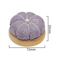 Handmade Pumpkin Pincushion Pearl Accent Wooden Base Needle Cushion Lace Textile Pin Holder for Sewers, Crafters, Quilters, Craft Room