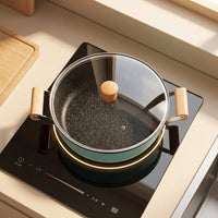 Dutch Oven Casserole Dish with Cast Iron Base, Versatile Hot Pot and Soup Pot for Stew, 3.1-4L Shabu Shabu Stew Pot with Glass Lid, Wood Handle