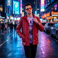 Character-Inspired Costume Set with Glasses Long-Sleeve Faux Leather Coat with Shirt Button-up Cosplay Outfit Bold for Cosplayers, Performers, Themed Parties, Stage Performances