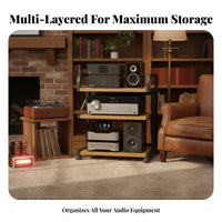 Multi-Tier Audio Component Shelf Heavy Duty AV Component Shelving Unit With Wheels Multi-Tiered Setup Stand for Audiophiles, Studio, Living Room