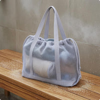 Double Shoulder Handles Mesh Drawstring Tote Bag Lightweight Drawstring Mesh Tote Reinforced Base Portable Carrier Large Capacity