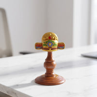 Brass-Toned Scholar Hat Ornament with Wooden Stand Traditional-Style Tabletop Decor Auspicious Desk Sculpture for Students, Graduates, Study Room, Graduation Party